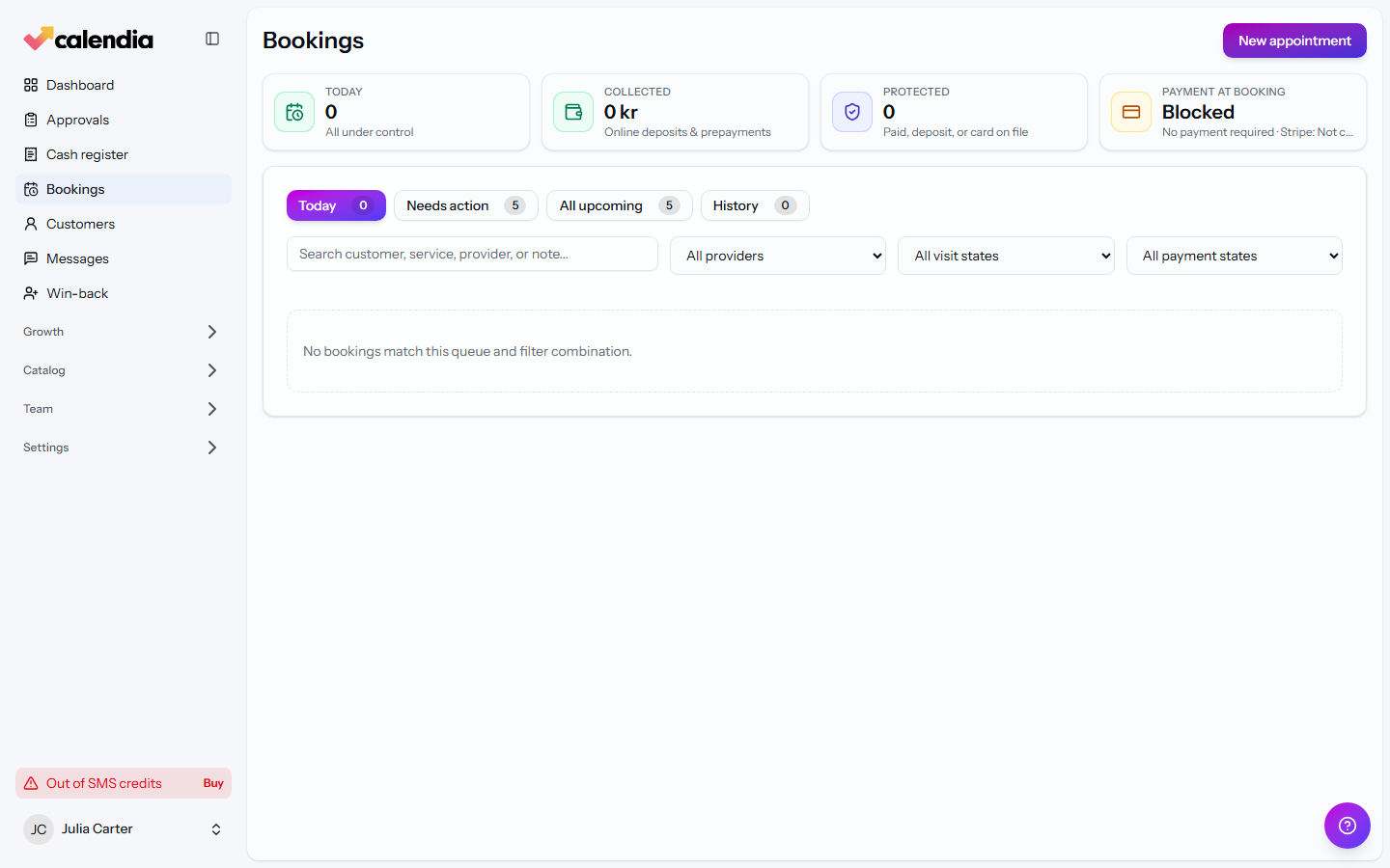 The Bookings page with its Today, Needs action, All upcoming and History tabs.