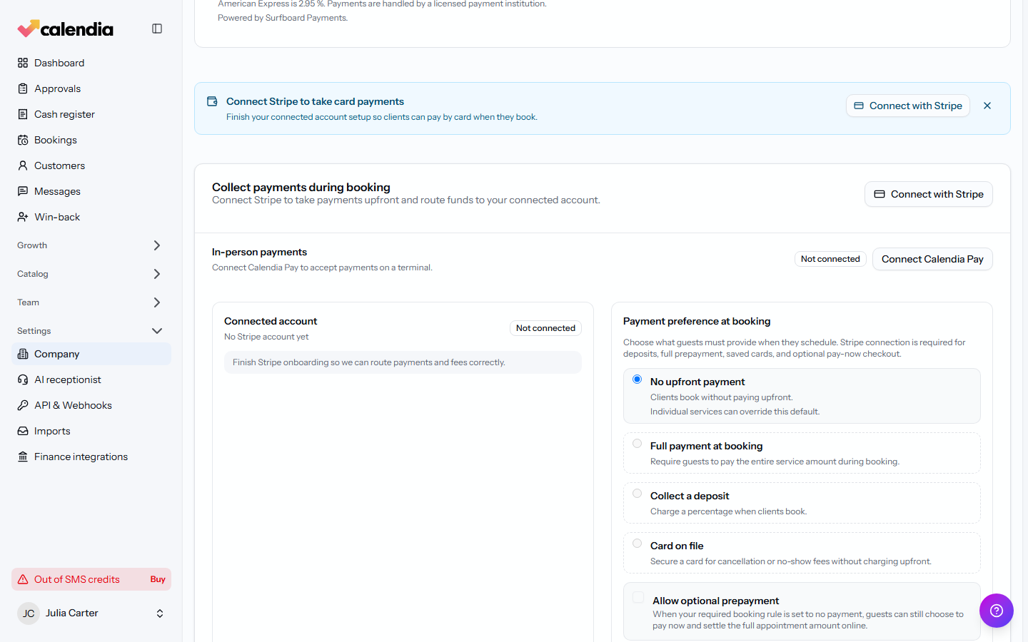 The Payment preference at booking options in Company settings.