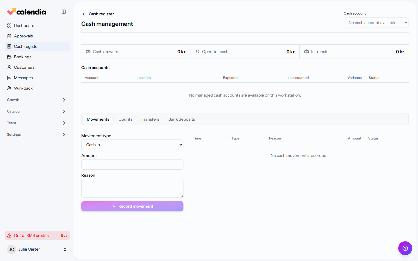 The Cash management page with the Movements, Counts, Transfers, and Bank deposits tabs.