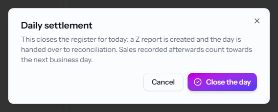 The Daily settlement dialog showing expected balance, counted cash, and the Close the day button.