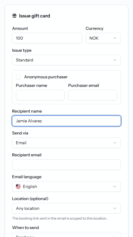 The Issue gift card form with an amount and recipient entered.