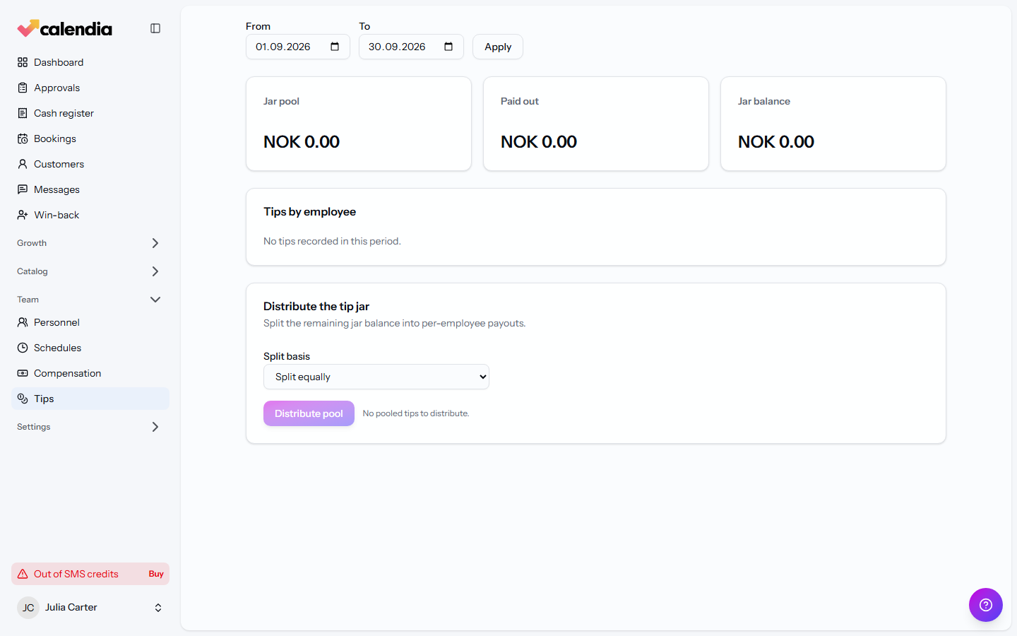 The Tips page showing jar pool totals and tips by employee.