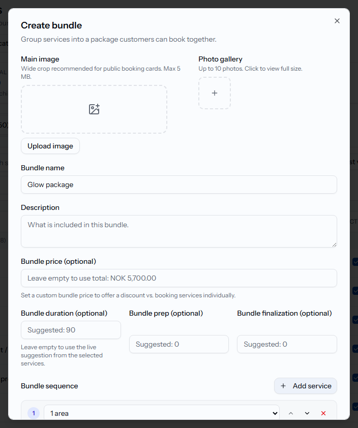 The Create bundle dialog showing the bundle sequence with two services added.