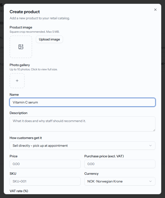 The New product dialog with fulfillment, price, and category fields.