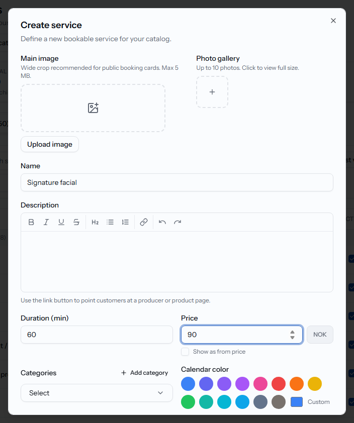 The New service dialog with name, duration, and price fields filled in.