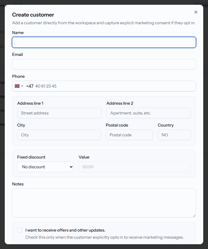 The Create customer dialog with contact details and an optional fixed discount.