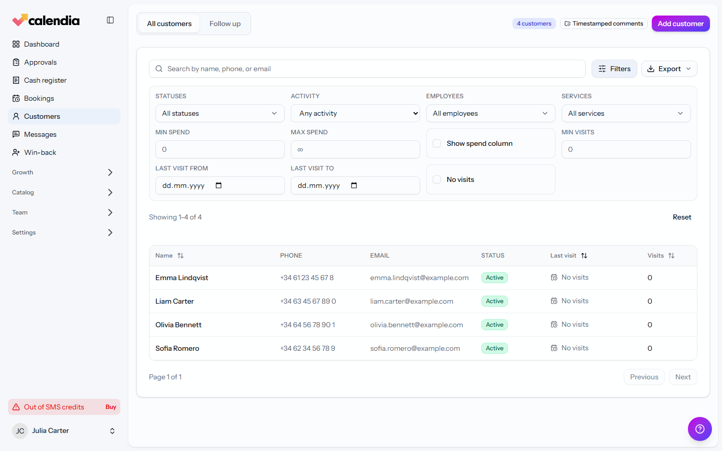 The customer filters panel, expanded above the customer list.