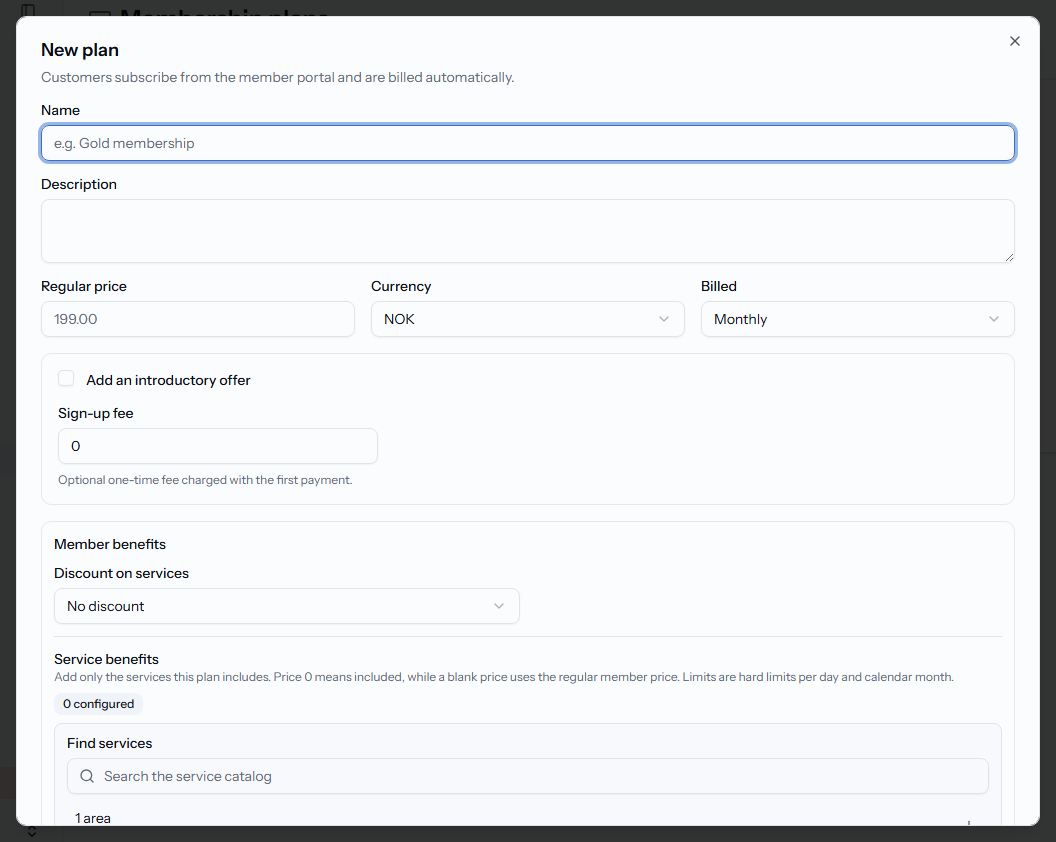 The new membership plan dialog, with pricing and a service benefit being configured.
