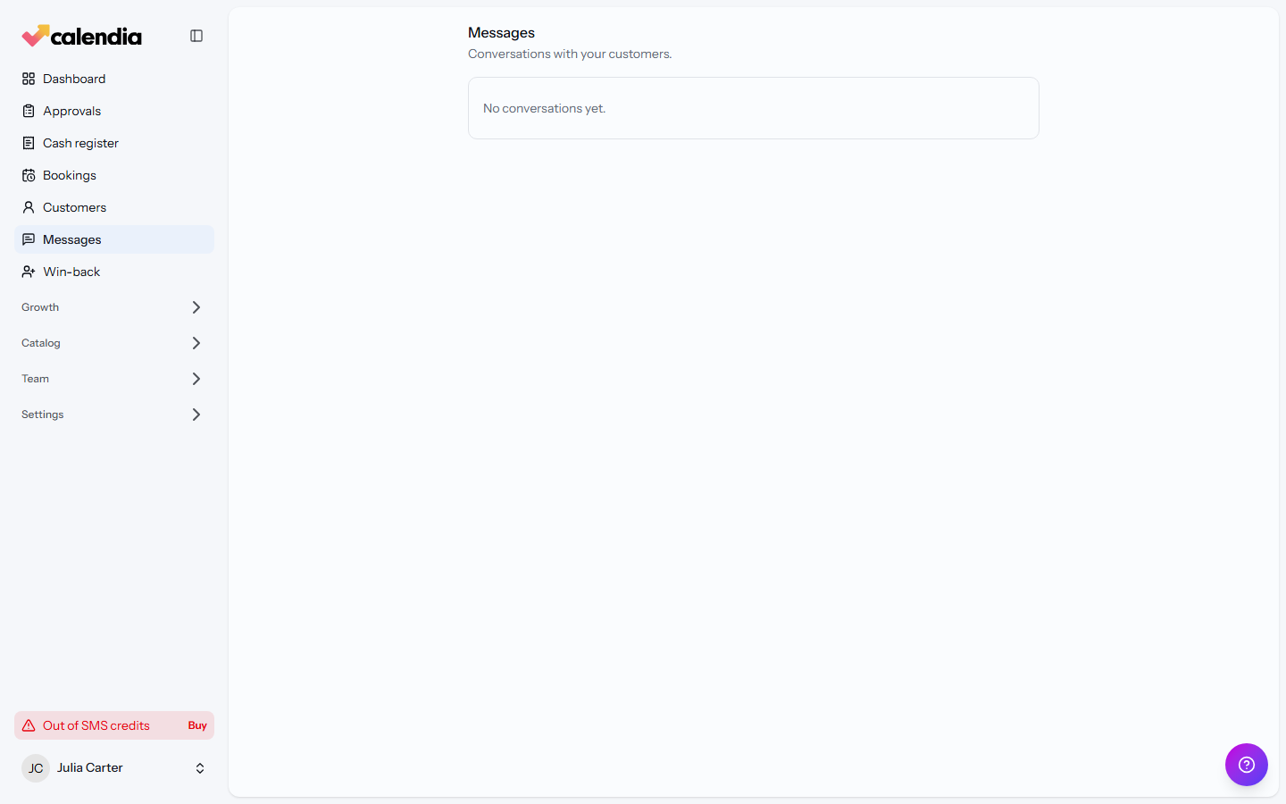 The Messages page, listing conversations with an unread count next to each customer.