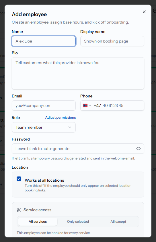 The Add employee dialog with name, role, and password fields.
