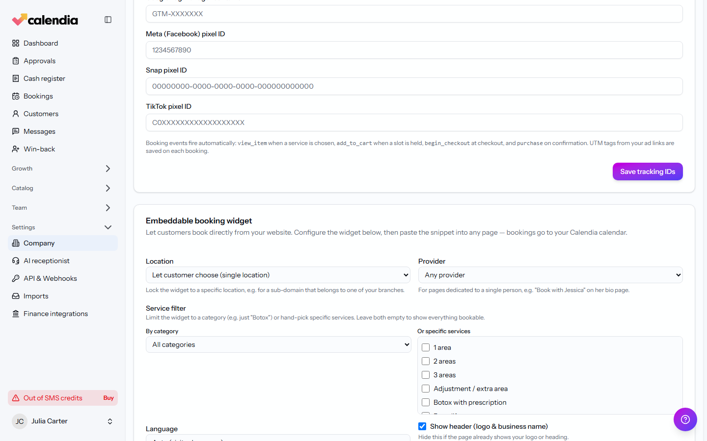 The embeddable booking widget builder with a generated HTML snippet.