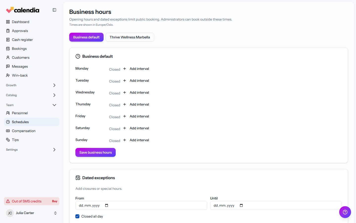 The Business hours page showing a weekly schedule grid.