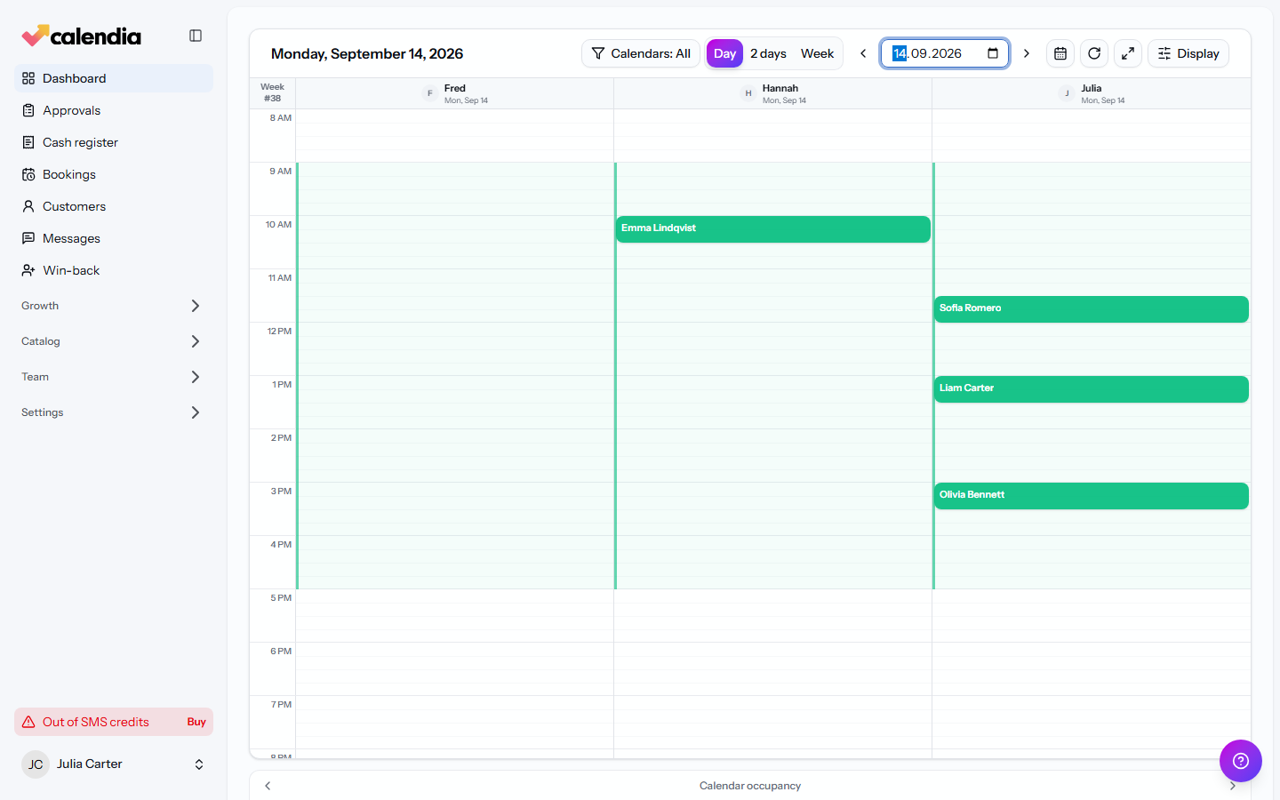 The Dashboard calendar on a busy Monday, with one column per team member.
