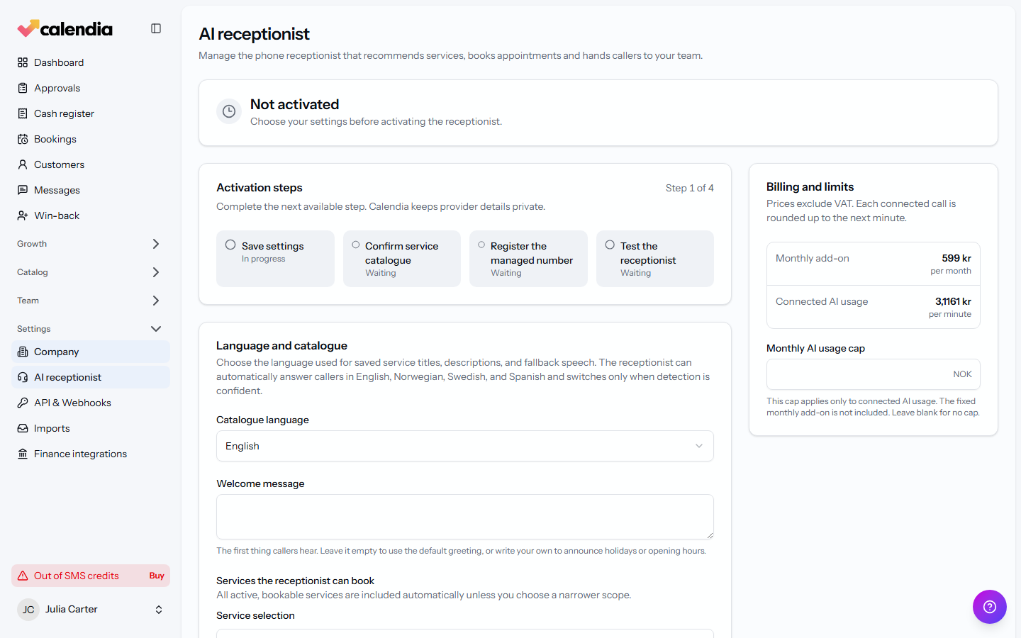 The language and catalogue settings, with the welcome message and service selection options.
