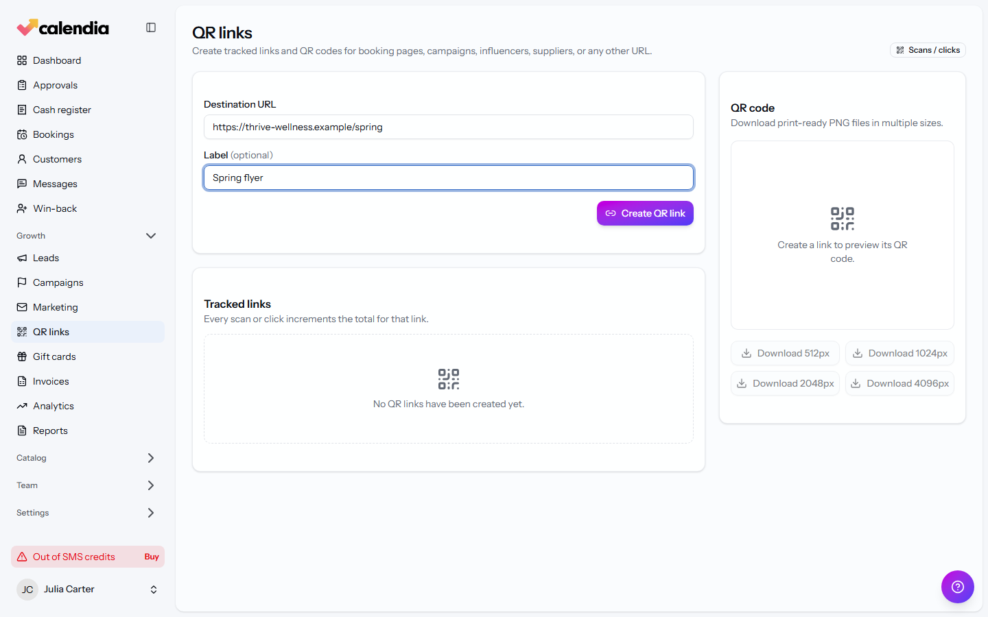 The QR links page with a new tracked link created and its QR code preview shown.