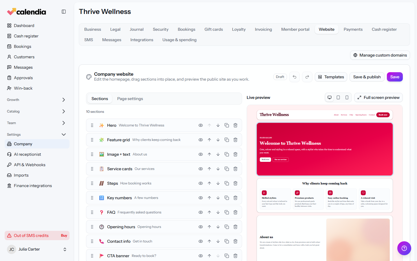 The Company website editor with a section list on the left and a live preview on the right.