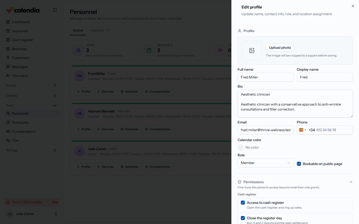 The Permissions section on an employee's profile, showing a grouped list of checkboxes with one Overridden badge.