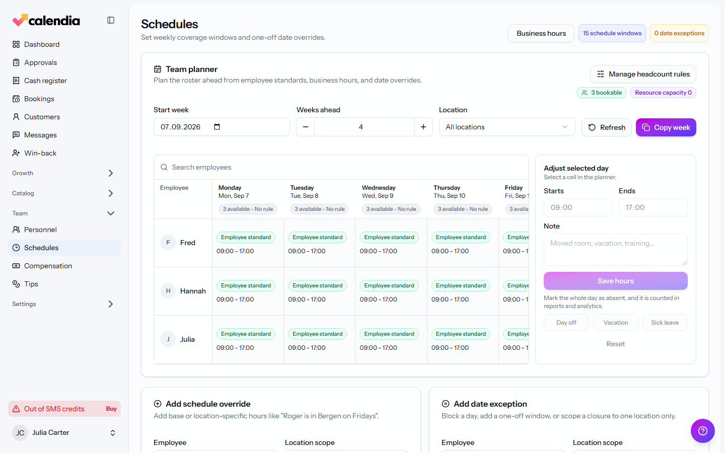 The Team planner grid showing employees and their working hours across several days.
