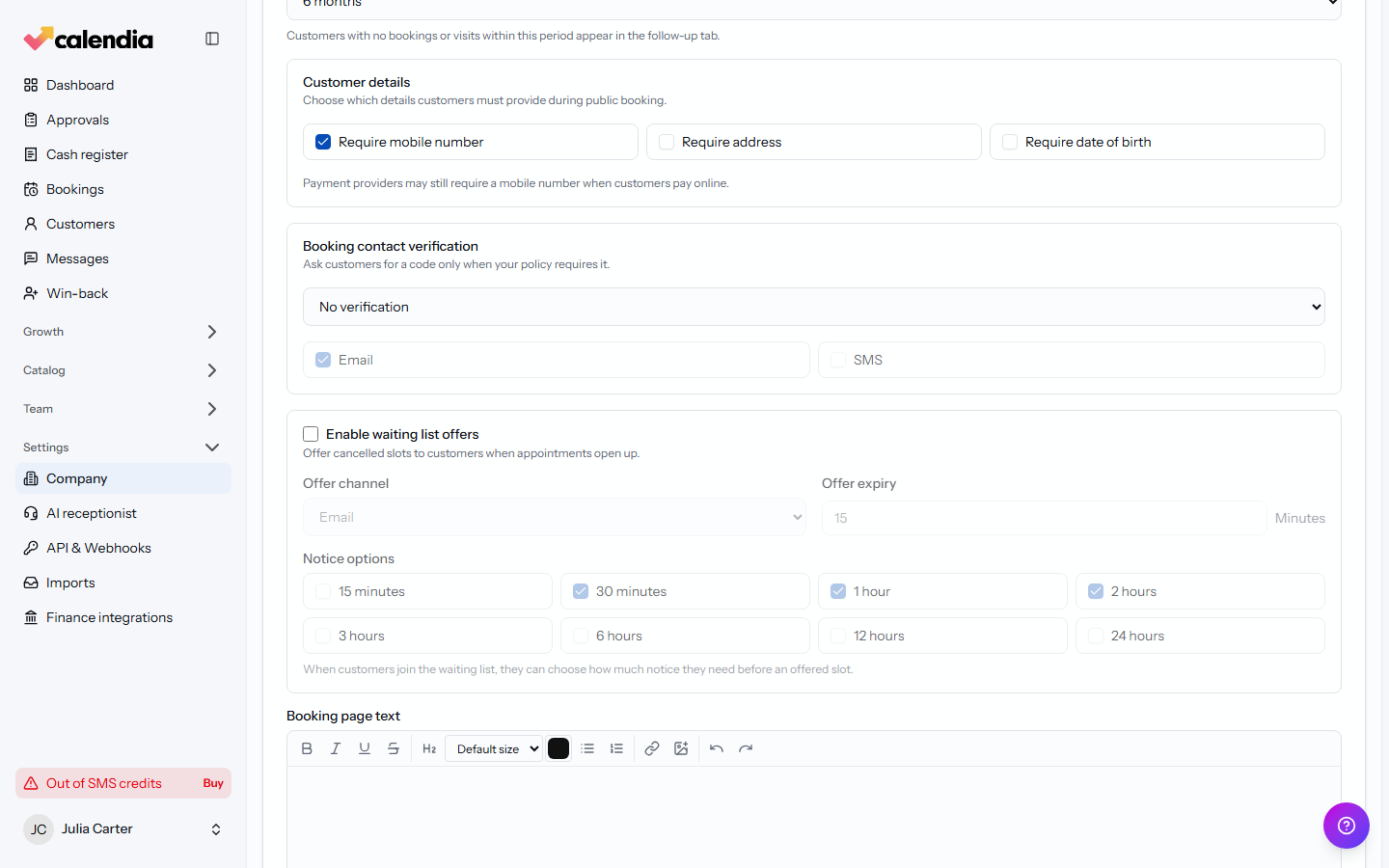 The waiting list settings with the enable toggle and offer channel options.